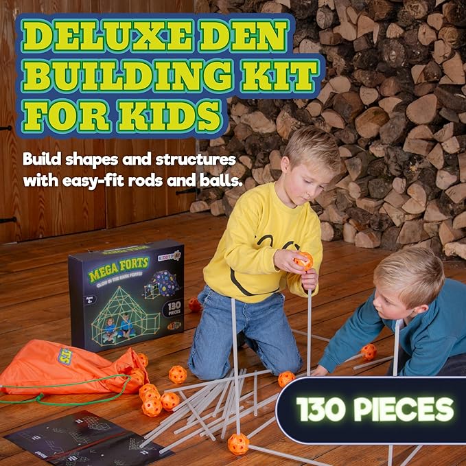 KiddyPlay Mega Forts - 130 Piece Fort Building Kit For Kids - Glow in the Dark DIY Fort Making Kit - Build a Fort Building Kit - STEM Building Toys For Kids