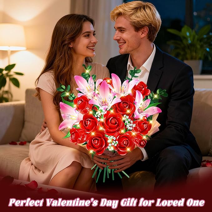 Rose Flower Bouquet Building Set with LED - Red Rose Botanical Collection Building Block Set for Adults Pink Lilies Artificial Plant for Home Decor Easter Gifts for Her Women Girls