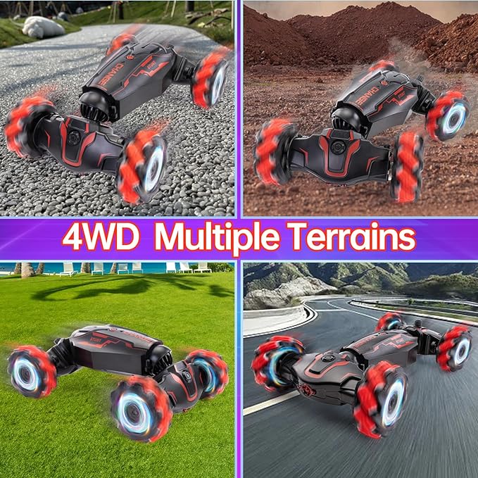 Gesture Sensing RC Stunt Car 2.4 GHz 4WD Remote Control Car 360° Rotate Transform Off-Road Drift RC Cars with Cool Lights Music Ideal Presents for Boys Girls for Birthday (Red)