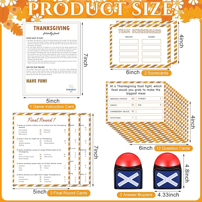 Syhood Thanksgiving Friendly Feud Game with 2 Answer Buzzer Friendsgiving Family Card Family Trivia Quiz Game Night for Party Office Adults Large Groups Teams