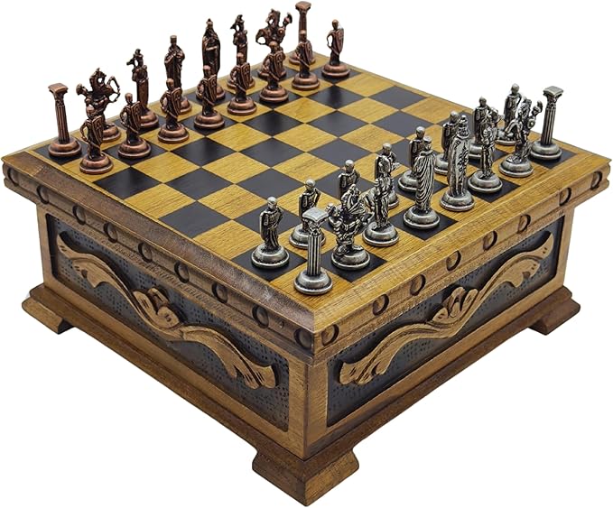 Wooden Chess Set with Storage – Handcrafted Chess Board and British Figure Metal Chess Pieces – Decorative Chess Game for Adults &amp Kids – Premium Gift for Family &amp Friends (Copper Chess Pieces