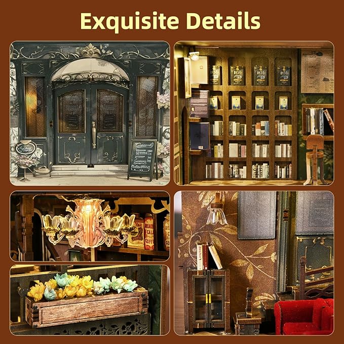 Book Nook Kit DIY Miniature Dollhouse Book Nook Kit with Dust Cover and LED Light (Saisons Café)