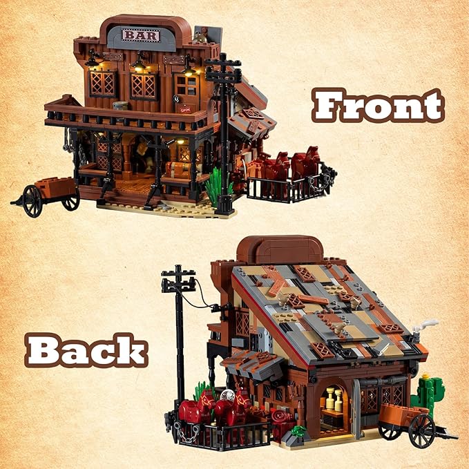 Western Bar Modular Building Set for Adults Wild West Cowboys Cabin with Horses &amp LED Lights Collection House Set for West Lovers (1834 PCS)