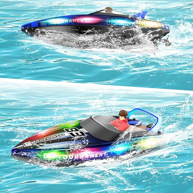 RC Boat with LED Lights 40+ Mins Self-Righting Waterproof Remote Control Boat for Pools Lakes Bathtubs Summer Water Toys for Kids Radio Controlled Watercraft (Blue)