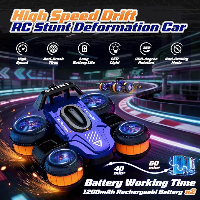 RC Stunt High Speed Remote Control Car 25km/h 360°Rotating RC Drift Car with Lights Blue 2.4 GHz Upright Walking 4WD Toy Cars for Kids Age 4-8 8-16 Boys Girls Christmas Birthday Gifts
