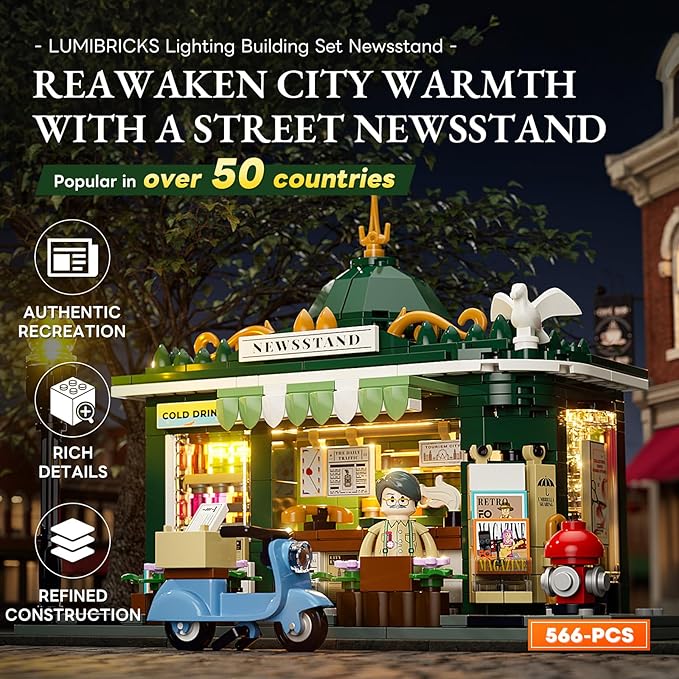 Newsstand Lighting Building Bricks Set - City Town Life Newsstand LED Light Construction Building Model Set 556 Pcs for Adults and Teen