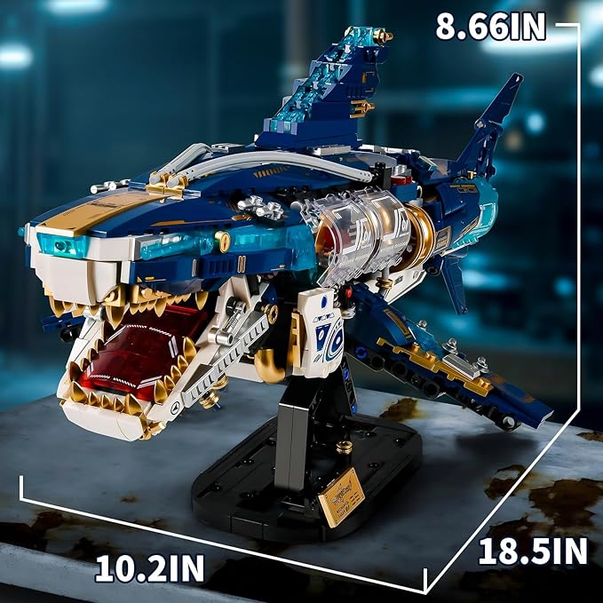 BNG Mechanical Shark Building Sets for AdultOcean Animal Building Block with Display Stand and Light Sea Fish Collection STEM ToyHome Office Decor and Idea Gift for Teen Boys 8-14 (1277PCS)