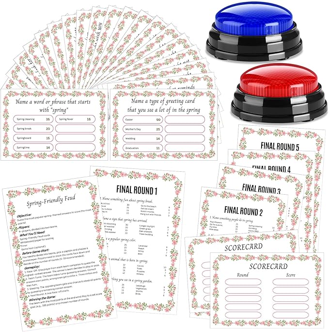 Spring Friendly Feud Game with 2 Answer Buzzers Floral Feud Cards for Family Game Night Fun Trivia Quiz for Party Office Class Groups Team Building