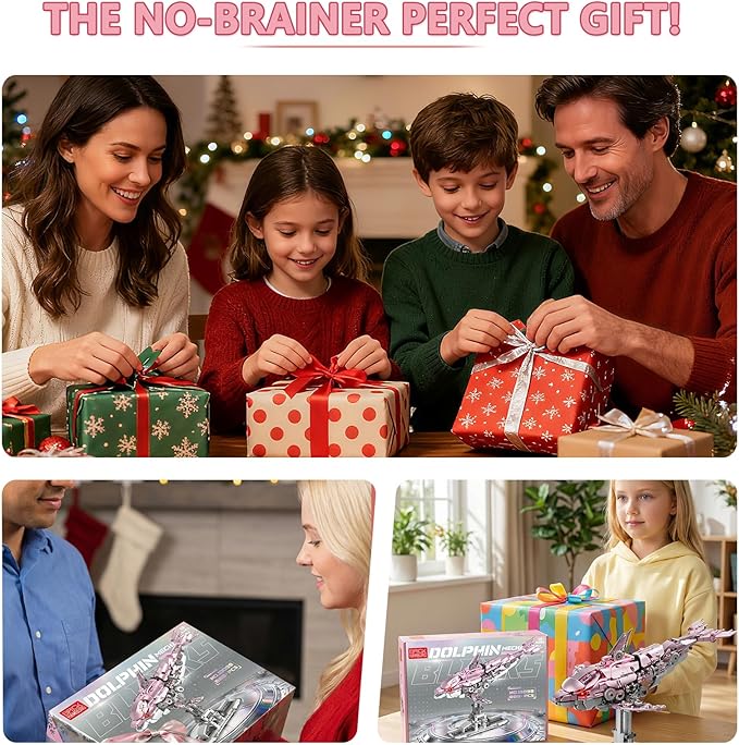 888-PCS Mechanical Pink Dolphin Building Set with LED Light Movable Linkage Gears Display Stand - Ocean Building Block Toy for Adults Teens Kids Age 12+
