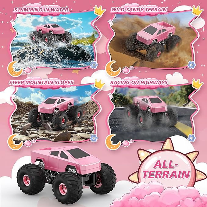 Remote Control Car Cyber RC Truck Toy 1:16 2.4GHz 4WD Off-Road Amphibious Waterproof Monster Truck for All Terrain Kids Birthday Gifts for Boys Girls Age 6 7 8 9 10 11 12 Year Olds (Pink)