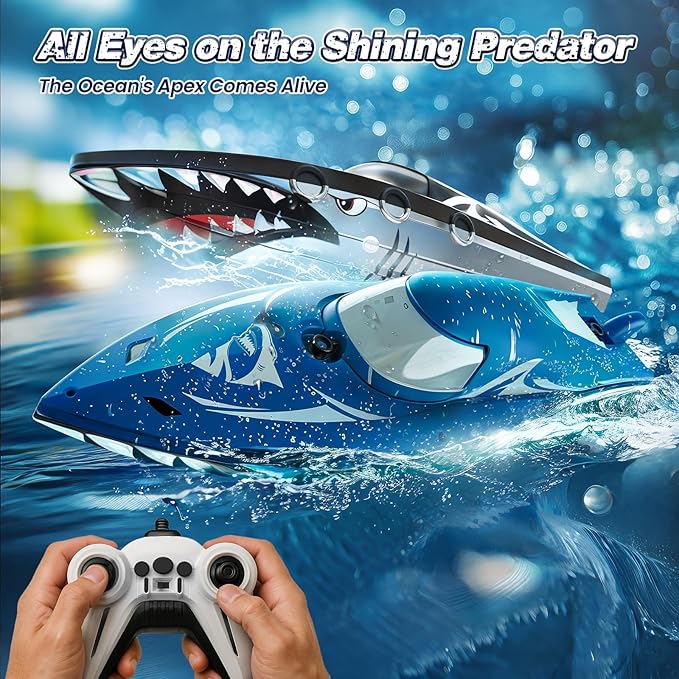 Shark RC Racing Boat for Kids &amp Adults2.4GHz High Speed Remote Control Boat W/ Dual Battery 50 Min RuntimeWaterproofFast Remote Control Toy Gift Kids 8-12 Ideal for Pools &amp LakesShining B