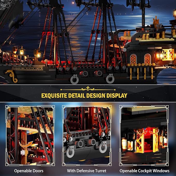 Pirate Ship Model Building Set for Adults Boys Girls Black Pearl Ship Model with Light Sail Boat Construction Toys Collectible Display Home Office Decor Birthday Gifts（1713 Pieces）