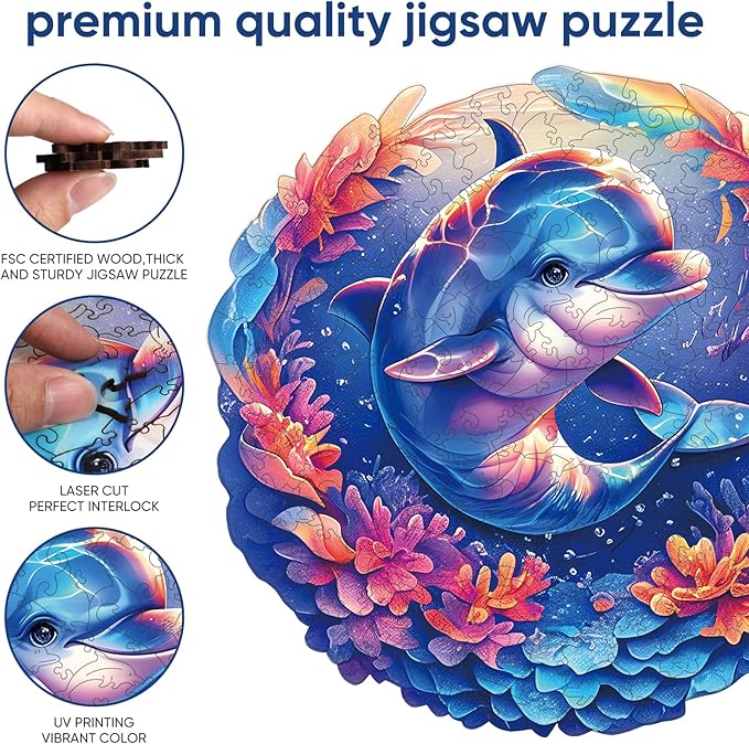 Qiuenisray Wooden Puzzles for Adults Dolphin Baby Jigsaw Puzzles 200 Pieces FSC Certified Unique Ocean Adult Puzzles Wood Puzzles Creative Gift for Family Game 11.2x11.2 in