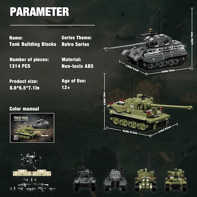 WW2 Army Tank Building Blocks Set 2 Classic Military Tanks Building Set with Rotatable Turret Movable Tracks &amp Tactical Gear Tiger Tank Model &amp Military Vehicles for Collectors and Boys 13