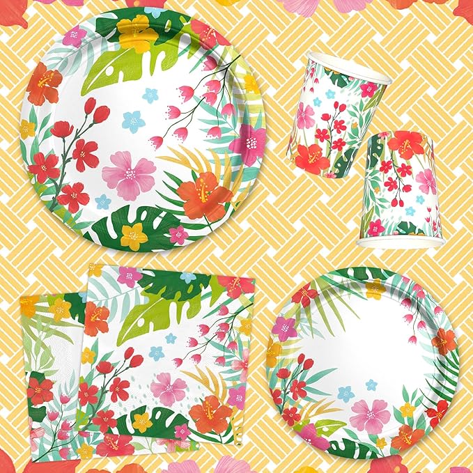 Tropical Luau Party Supplies Kit for 25 - Aloha Hawaiian Party Decorations with Disposable Paper Plates Napkins Cups Tablecloth and Banner | BBQs &amp Summer party