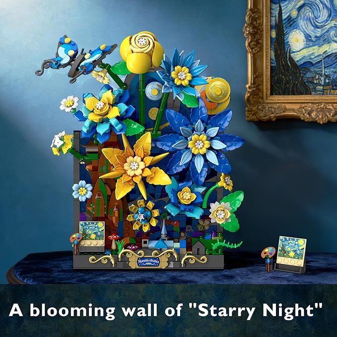 Starry Night Flower Wall Building Set with Lights Botanical Collection Famous Painting Artwork Building Block with Butterfly 1008 PCS Home Wall Decor for Adults Girls 10+