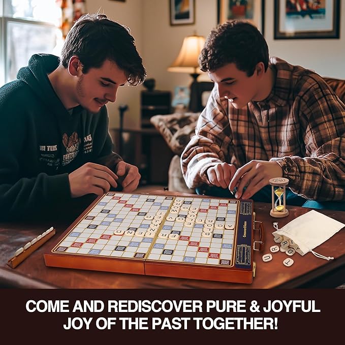 Crossword Game with Magnetic Letter Tiles Foldable Board into Portable Carry Case Luxury Edition Word Building Game with Rotating Wooden Board Educational Family Board Game for 2-4 Players
