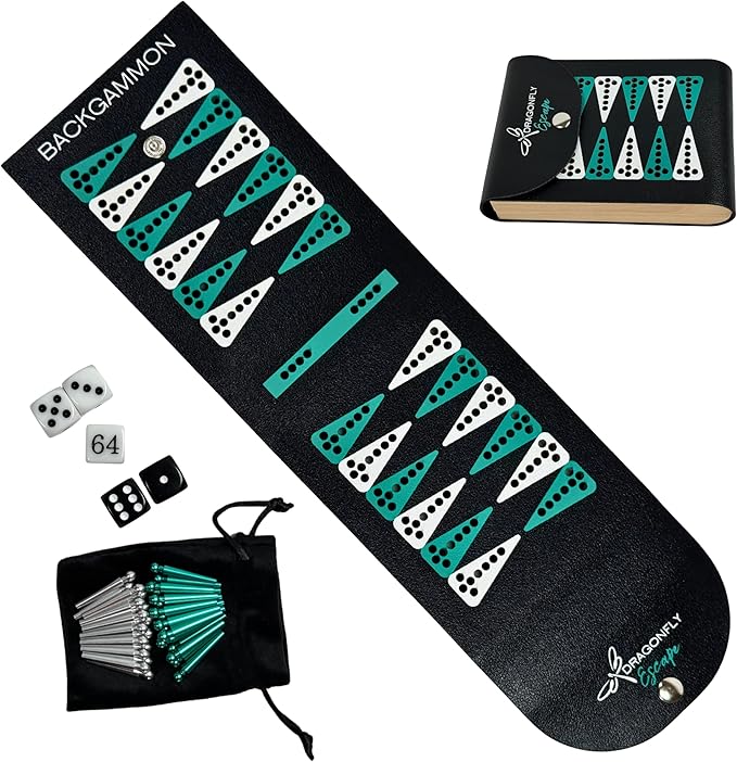 Folding Travel Backgammon Set | Pocket Backgammon Game – Folding PU Leather Board with Pegs Dice Doubling Cube &amp Drawstring Bag – Great for Flights Beach Camping