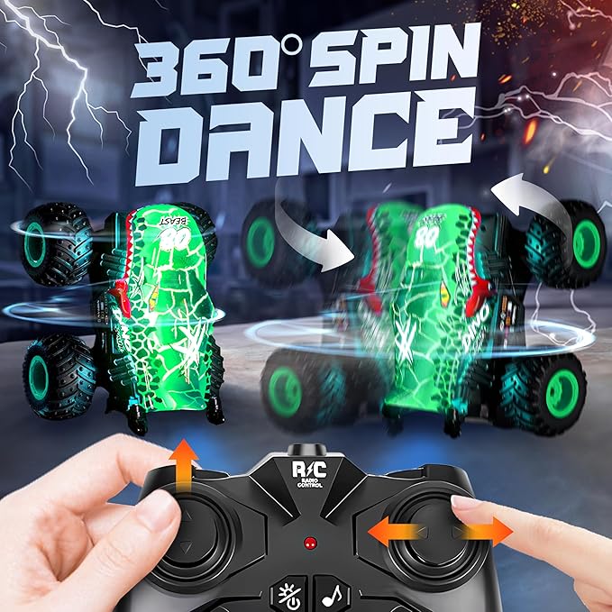 BEZGAR Monster Truck Toys - Remote Control Monster Truck with Light &amp Music Dinosaur Toys for Kids 1:20 Scale RC Truck with 360° Spins and Drifting Remote Control Car for Boys 4-7