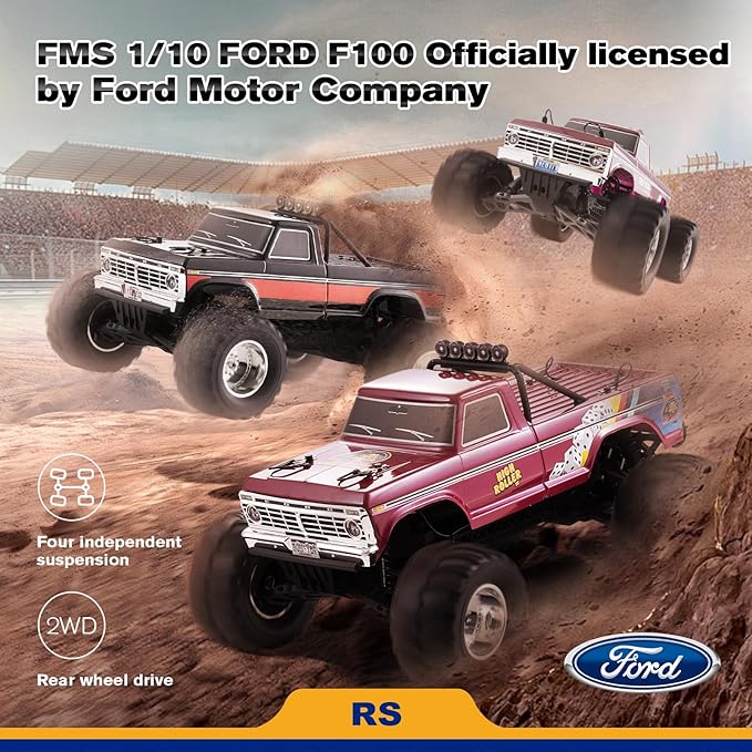 FMS 1/10 RC Truck Ford F100 – 2WD Monster Truck with Licensed Body 550 Brushed Motor Oil Shocks Independent Suspension – All-Terrain RC Crawler High Speed Off-Road RC Car for gift (HIGH ROLLER RS)