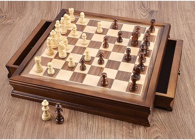AMEROUS 12.8 x 12.8 Magnetic Wooden Chess Set with 2 Built-in Storage Drawers - 2 Bonus Extra Queens - Gift Packaging - Staunton Chess Pieces Board Games Chess Sets for Adults and Kids