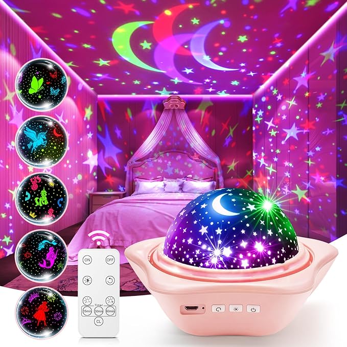 PIKOY Night Light for Kids 90 Modes+6 Films+Dimmer+Timer+Remote Kids Night Light Projector Rechargeable Built-in Battery+360° Silent Rotation Butterfly/Princess/Mermaid Room DecorGirl Toys/Gifts