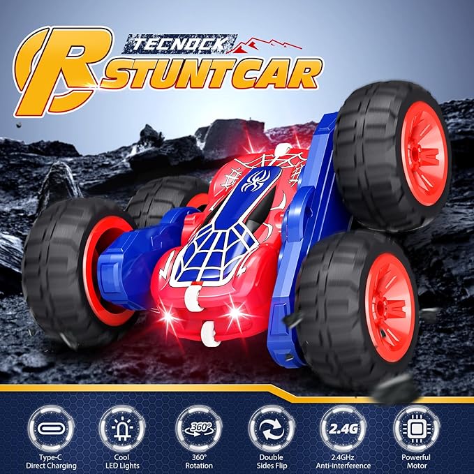 Tecnock Spider Remote Control Car 2.4GHz RC Cars with USB-C Easy Charging 4WD Double Sided 360° Rotates &amp Flips RC Stunt Car Toys Gift for Boys and Girls Ages 6-8 8-12