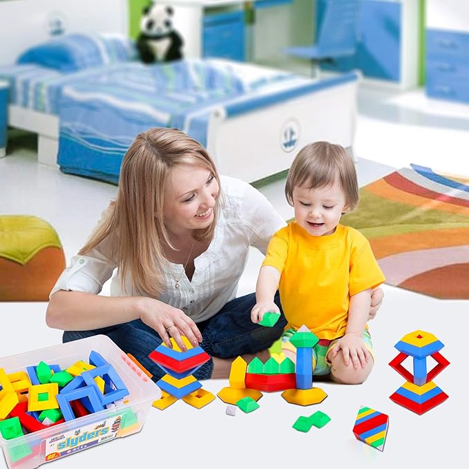 Slyder Set: 60 Pieces 3D Pyramid Building Blocks Geometric Stacking Toys for Kids Ages 4+ - Creative Early Childhood STEM Educational Toys for Preschool Boys and Girls