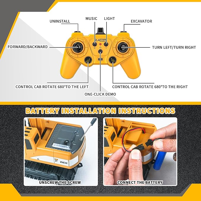 Remote Control Excavator Toys 1: 24 Engineering Digger Truck for Boys with Metal Shovel Lights Sounds Turns 680 Degree 2.4 GHz Construction Toys Christmas Birthday Gift for Kids
