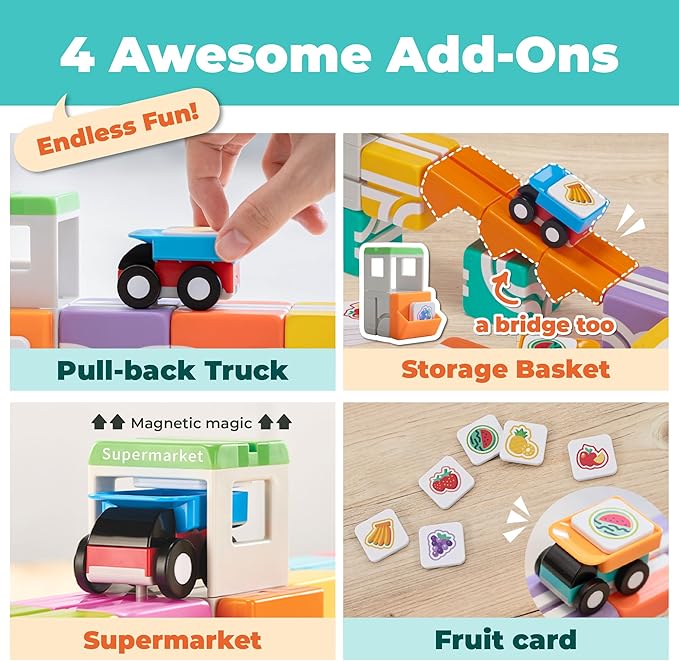 QBI Magnetic Blocks for Toddlers Ages 2-4｜STEM Magnetic Building Blocks with Trucks &amp Fruit Tiles｜Montessori Magnet Building Cubes for Kids｜Educational Gifts for Boys &amp Girls Ages 2+ (32PCS)
