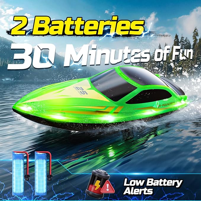 HOLYFUN Remote Control Boat for Kids &amp Adults 2.4GHz 9.3 Mph High-Speed RC Boat with Led Light 2 Battery(30 Mins Play) Summer Toys Boats for Water Pool &amp Lake