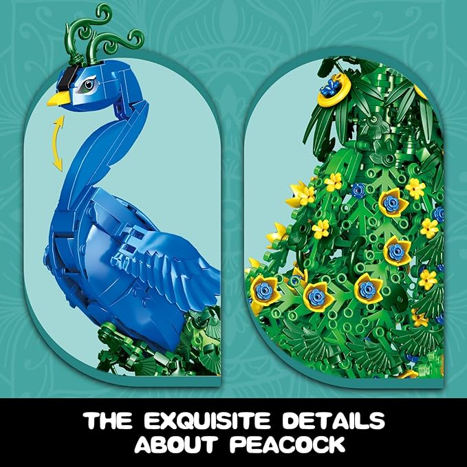 Peacock Flowers Building Set 807PCS Peacock Creative Bird Model Home Deocr and Office Art Gift for Mom Women Girlfriend Adults 14+ (Compatible with Major Brand)