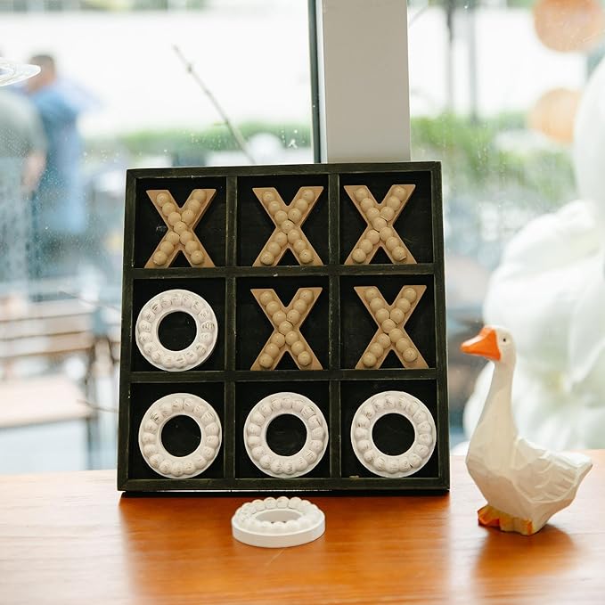 GENMOUS Wooden Tic Tac Toe Game Board for Seniors Family Indoor Game 10.6 Inch Black Rustic Giant Tic Tac Toe Coffee Table Decor Tic Tac Toe Board Game Fun for Family Travel Outdoor Game Room Decor