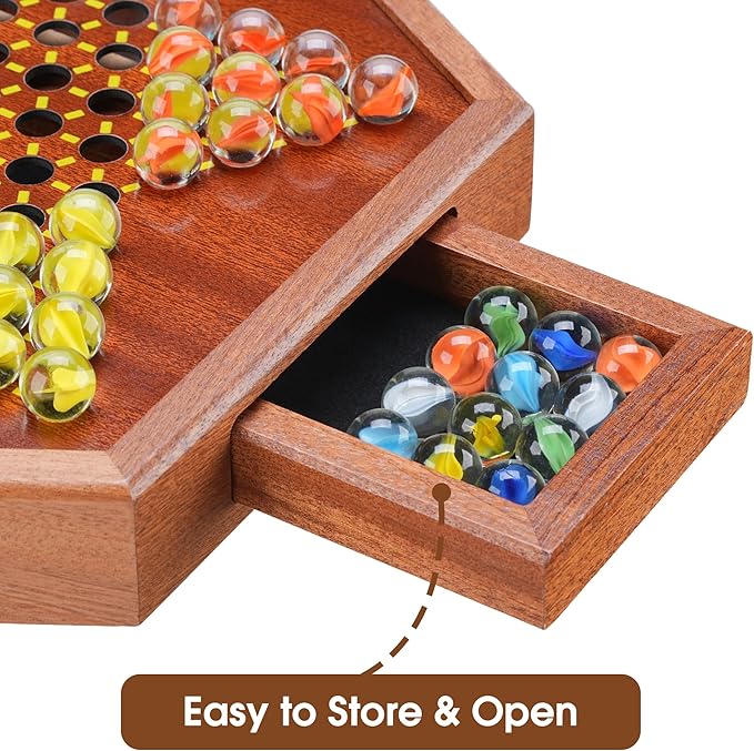 14.2 Wooden Chinese Checkers Board Game with Storage Drawer | 6-Player Marble Strategy Game | Classic Family Board Game for Kids &amp Adults | 16mm 60+12 Colorful Glass Marbles More Easy Grasping