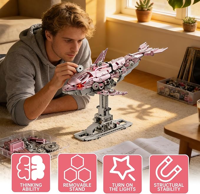 Mechanical Pink Dolphin Building Blocks Set with Hand-Crank &amp Motorized Movement Interactive Detailed Gear Design Display &amp Play Model Futuristic Ocean Animal Model