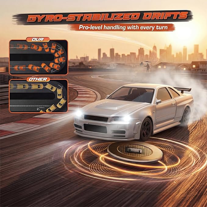 [2026 New Upgrade 1/43 Scale Mini RC Drift Car with Gyroscope Toys for Age 8-14 Old Birthday Gifts Micro Small with Full Proportional RTR 2.4GHz Remote 2 Tire Sets 8 Cones - Silver