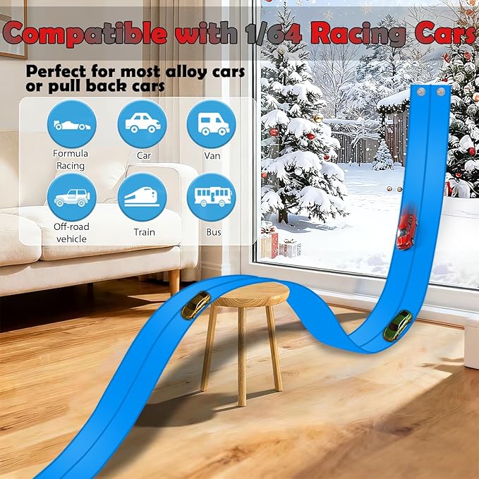 Flexible Race Track 15 Ft Starter Set Flex Tracks for Kids 3+ with Strong Suction Cups Flexible Car Race Ramp Track Compatible with Hot Wheels and Diecast 1/64 Cars Portable Rolls Up Race Tracks