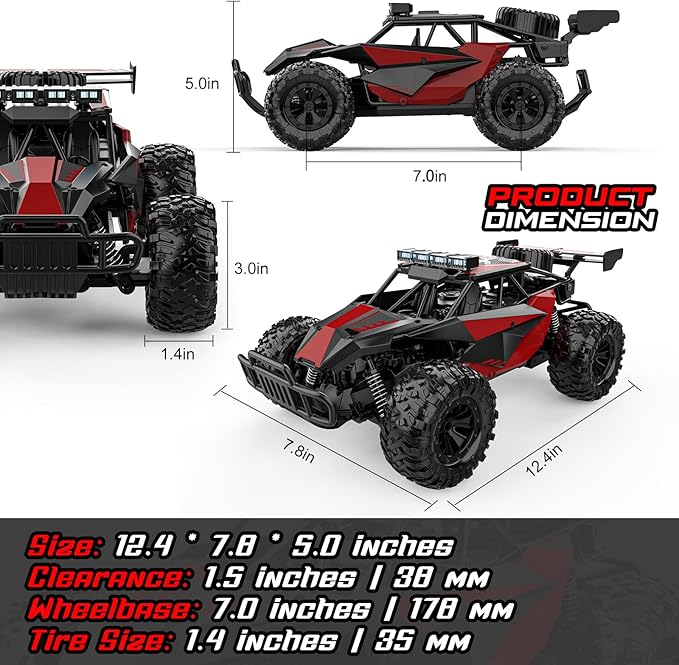 BLUEJAY Remote Control Car 2.4GHz High Speed 33KM/H RC Cars Toys 1:12 Monster RC Truck Off Road with LED Headlight and Rechargeable Battery Gifts for Adults Boys 8-12