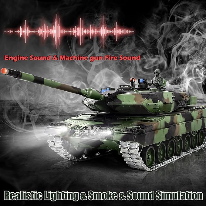 1/16 RC Tank Heng Long German Leopard 2 A6 RC Battle Army Toy with Smoke Sound Light 2.4G Remote Control Tank That Shoots BBS with Upgraded Metal Tracks Idler Sprocket Wheel Steel Gearbox
