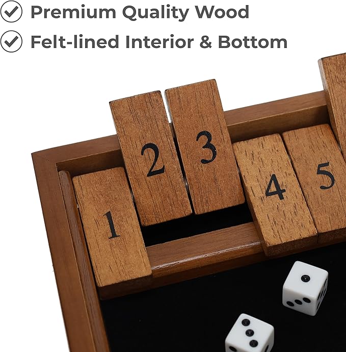 WE Games Wooden Shut The Box - Close The Box Set with 12 Number Tiles &amp 2 Dice Games - 13.5” Walnut Stained Finish