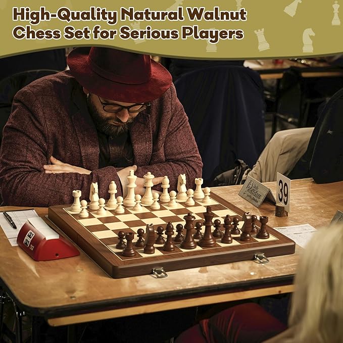 Premium Natural Walnut 15 Magnetic Wooden Folding Chess &amp Checkers Set- 2 in 1 Board Game with 3 King Staunton Pieces and 2 Extra Queens Checkers and Dust-Proof Storage Bag (Red)