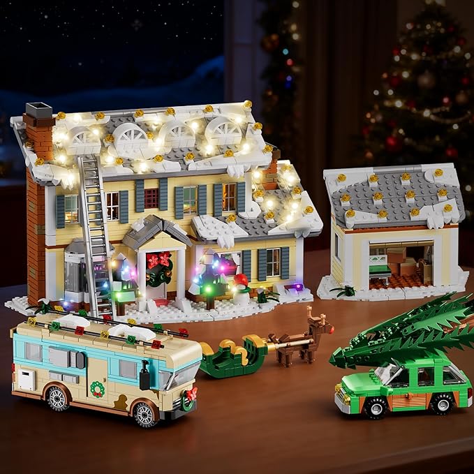 Christmas Holiday House Building Set 5 in 1 Model Buildings Kits Snow Village &amp RV Toy Building Blocks Sets with LED Xmas Decor Toys Gifts for Kids Girls Boys Ages 8+ Adults (1958PCS)