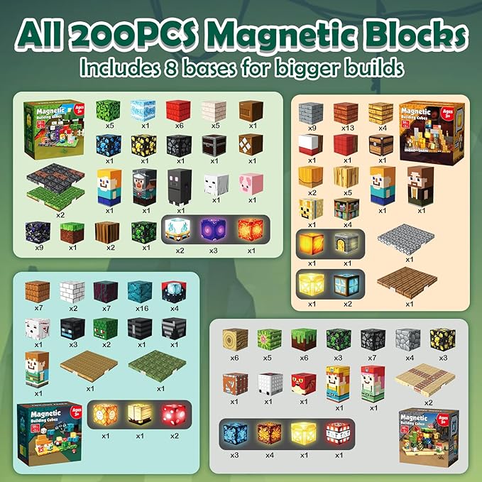 4-in-1 Magnetic Blocks with 24 Light Up Blocks 200PCS Magnetic Building Blocks with 8 Base Plates Screen-Free Magnetic Building Cubes Toy Easter Birthday Gifts for Boys Girls Age 3+