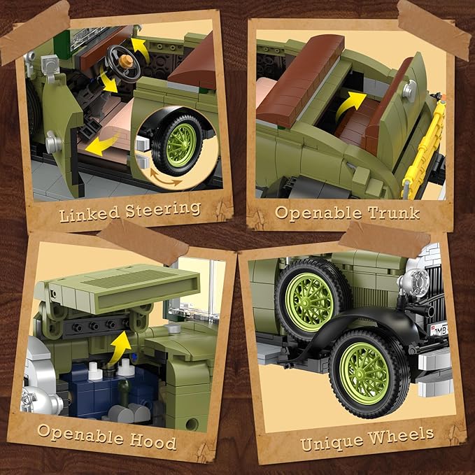 JMBricklayer Vintage Cars Building Sets for Adults with Lights 50001 Classic Retro Model Car Kits Antique Cars Collectible Display Decorations Building Toys Gifts for Men Women Boys Girls(1297 PCS)