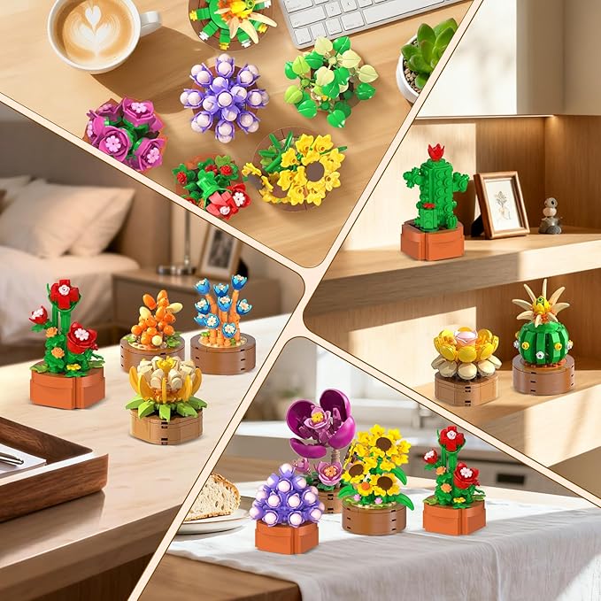 HOGOKIDS 15 Pack Flowers Succulents Mini Building Set for Adults Kids - 1314PCS Flower Plant Botanical Collection 3.6MM Bricks Toys Home Office Décor Easter Gifts for Women Boys Girls Age 6+