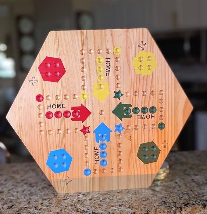 Wooden Wahoo Marble Board Game (20 INCH) Double-Sided for 2-6 Players with 24 Marbles and 6 dice. Also Includes Ring Toss Wooden Hook and Ring Gameand Premium Playing Cards.