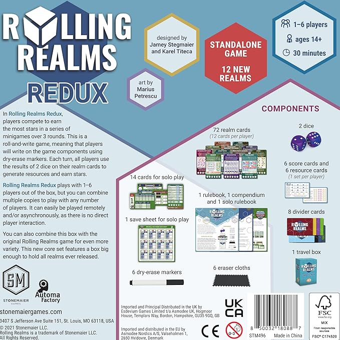 Stonemaier Games: Rolling Realms Redux by Jamey Stegmaier &amp Karel Titeca | A Light Strategic Roll-and-Write Game for Families and Adults | Compete in a Series of Minigames | 1-6 Players 30 Mins