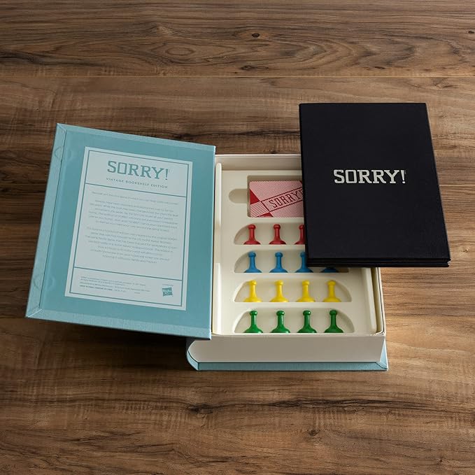 Sorry! Vintage Bookshelf Edition by WS Game Company - Classic Sorry Board Games Retro 1958 Design - Linen-Wrapped Book Case Wooden Pawns &amp Full-Size Folding Board Ages 6+ Suitable for 2-4 Playe