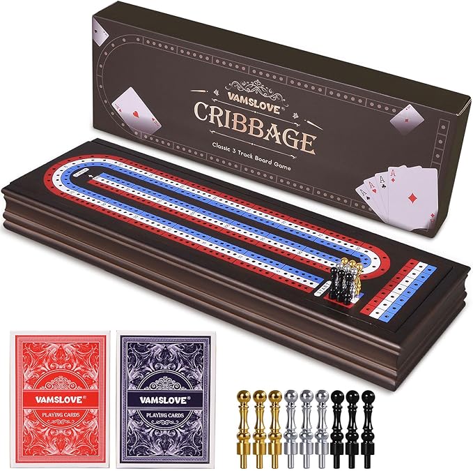 VAMSLOVE 16'' Cribbage Board Game Set Wooden 3-Track Scoreboard with Large Slots for Storing 2 Playing Cards and 9 Metal Pegs Travel Family Game Night (Instruction Included)