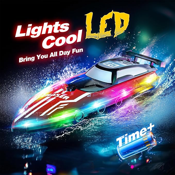 RC Boat for Kids with LED Lights 2.4Ghz Remote Control Racing Boats for 8-12Toy Water Boat for Pools &amp Lakes with WaterproofRechargeable Battery for Boys Girls RED